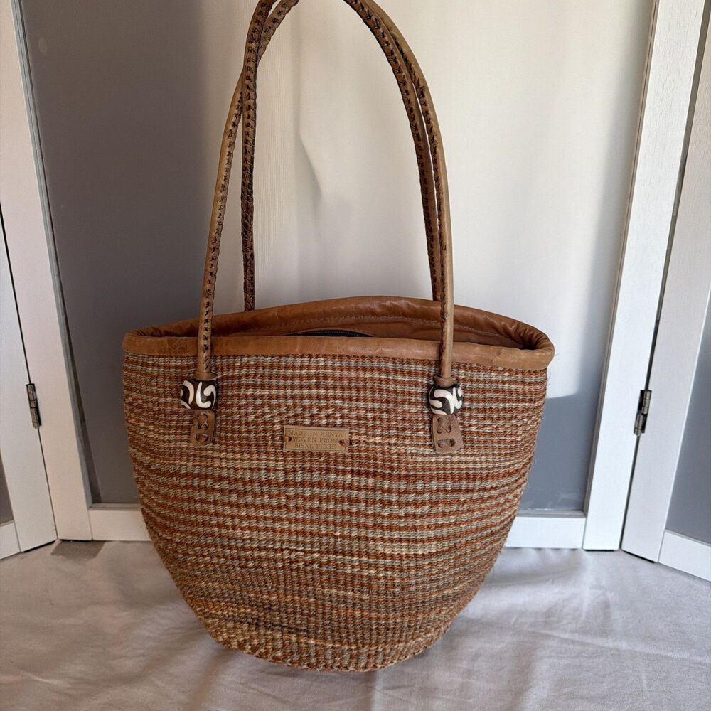 Vintage Kenyan Sisal Basket Bag Handwoven Market Tote Leather Bone Strap 15x11x9